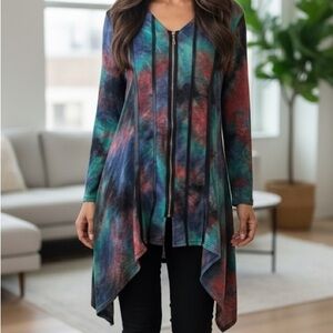 Papa Vancouver Artsy Colorful Tie Dye Zip Up Handkerchief Hem Tunic Size XL -NWT